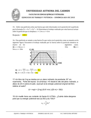 UNIVERSIDAD AUTNOMA DEL CARMEN
FACULTAD DE CIENCIAS QUÍMICAS Y PETROLERA
EJERCICIOS DE TRABAJO Y POTENCIA – DINÁMICA AGO-DIC 2015
EQUIPO 5: TRABAJO Y POTENCIA DINÁMICA AGO-DIC 2015 M. C. NAIN ELVIRA ANTONIO
15.- Sobre una partícula actúa una fuerza que está relacionada con la posición de la partícula
por la formula 𝐹𝑥 = 4 𝑥3 + 3𝑥2 − 16 Determinar el trabajo realizado por esta fuerza al actuar
sobre la partícula que se desplaza 𝑥 = 2 𝑚 𝑎 𝑥 = 6 𝑚
Respuesta = 1488 J
16.- Una partícula se somete a una fuerza Fx que varía con la posición, como se muestra en la
siguiente figura. Encuentre el trabajo realizado por la fuerza sobre la partícula mientras se
mueve en los siguientes casos.
A) 𝑥 = 0𝑚 𝑎 𝑥 = 15𝑚 B) 𝑥 =
5𝑚 𝑎 𝑥 = 10𝑚
A) = 𝐴 =
𝐵+𝑏
2
∗ ℎ =
15+5
2
∗ 3 = 30 𝐽
B) 𝐴 = 𝐵 𝑥 ℎ = 5𝑚 ∗ 3𝑛 = 15 𝐽
17.-Un libro de 2 kg se desliza por un plano inclinado de pendiente 30° sin
rozamiento. Parte del reposo en el tiempo t=0 desde lo alto del plano inclinado, a
altura de 20 m sobre el suelo. (a)¡Cual es la energía potencial original del libro
relativa al suelo?
Ui = mgh = (2 kg) (9.81 m/s ) (20 m) = 392J
18.-Un muelle tiene una contante de fuerza K=104
N/m. ¿Cuánto debe alargarse
para que su energía potencial sea (a) 50J y (b) 100J?
𝑢 𝑠 =
1
2
𝑘𝑥2
 