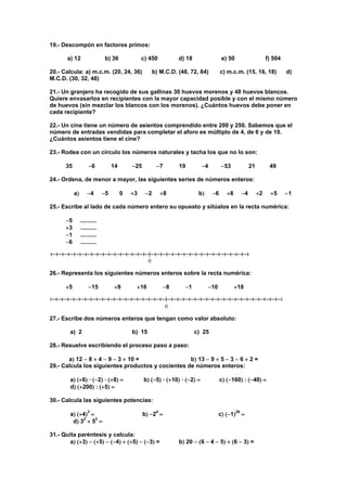 19.- Descompón en factores primos:
a) 12 b) 36 c) 450 d) 18 e) 50 f) 504
20.- Calcula: a) m.c.m. (20, 24, 36) b) M.C.D. (48, 72, 84) c) m.c.m. (15, 16, 18) d)
M.C.D. (30, 32, 48)
21.- Un granjero ha recogido de sus gallinas 30 huevos morenos y 48 huevos blancos.
Quiere envasarlos en recipientes con la mayor capacidad posible y con el mismo número
de huevos (sin mezclar los blancos con los morenos). ¿Cuántos huevos debe poner en
cada recipiente?
22.- Un cine tiene un número de asientos comprendido entre 200 y 250. Sabemos que el
número de entradas vendidas para completar el aforo es múltiplo de 4, de 6 y de 10.
¿Cuántos asientos tiene el cine?
23.- Rodea con un círculo los números naturales y tacha los que no lo son:
35 6 14 25 7 19 4 53 21 49
24.- Ordena, de menor a mayor, las siguientes series de números enteros:
a 4 5 0 3 2 8 b 6 8 4 2 5 1
25.- Escribe al lado de cada número entero su opuesto y sitúalos en la recta numérica:
5 ..........
3 ..........
1 ..........
6 ..........
26.- Representa los siguientes números enteros sobre la recta numérica:
5 15 9 16 8 1 10 18
27.- Escribe dos números enteros que tengan como valor absoluto:
a) 2 b) 15 c) 25
28.- Resuelve escribiendo el proceso paso a paso:
a 12  8  4  9  3  10 = b 13  9  5  3  6  2 =
29.- Calcula los siguientes productos y cocientes de números enteros:
a 6 · 2 · 8 b 5 · 10 · 2 c 160 : 40 
d 200 : 5 
30.- Calcula las siguientes potencias:
a 4
3
  b 2
4
c 1
26

d 3
2
 5
2

31.- Quita paréntesis y calcula:
a 3  5  4  5  3 = b 20  6  4  5  6  3 =
 