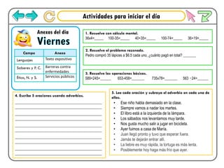 Actividades para iniciar el día
Viernes
Anexos del día
Campo Anexo
Lenguajes Texto expositivo
Saberes y P. C. Barreras contra
enfermedades
Ética, N. y S. Servicios públicos
1. Resuelve con cálculo mental.
36x4=_____ 100-35=_____ 40+35=_____ 100-74=_____ 36+19=_____
2. Resuelve el problema razonado.
Pedro compró 35 lápices a $6.5 cada uno, ¿cuánto pagó en total? _______
3. Resuelve las operaciones básicas.
589+245=______ 653-458=_______ 735x78=_______ 563 ÷24=______
4. Escribe 5 oraciones usando adverbios.
___________________________________________
___________________________________________
___________________________________________
___________________________________________
___________________________________________
___________________________________________
___________________________________________
___________________________________________
___________________________________________
___________________________________________
5. Lee cada oración y subraya el adverbio en cada una de
ellas.
• Ese niño habla demasiado en la clase.
• Siempre vamos a nadar los martes.
• El libro está a la izquierda de la lámpara.
• Los sábados nos levantamos muy tarde.
• Nos gusta mucho salir a jugar en bicicleta.
• Ayer fuimos a casa de María.
• Juan llegó pronto y tuvo que esperar fuera.
• Jamás te dejarán entrar allí.
• La liebre es muy rápida, la tortuga es más lenta.
• Posiblemente hoy haga más frío que ayer.
 