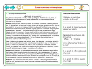 Barreras contra enfermedades
1. Lee la siguiente información.
¿Qué tipos de gérmenes existen?
Los gérmenes están por todo el mundo y en todo tipo de lugares. Pueden invadir a las plantas, los
animales y las personas, y a veces nos causan enfermedades. Los cuatro tipos principales de
gérmenes son los siguientes:
Bacterias. Estas pequeñas criaturas de una sola célula obtienen nutrientes de su entorno para poder
vivir. En algunos casos, ese entorno es el cuerpo humano. Las bacterias se pueden reproducir fuera del
cuerpo o dentro del cuerpo mientras causan infecciones. Algunas de las infecciones que causan las
bacterias son las infecciones del oído, el dolor de garganta (que recibe el nombre de "faringoamigdalitis
estreptocócica" o "amigdalitis"), la caries y la neumonía. Pero no todas las bacterias son malas.
Algunas bacterias son buenas para el cuerpo: pueden ayudar a mantener las cosas en equilibrio. Las
bacterias buenas viven en nuestros intestinos y nos ayudan a usar los nutrientes de los alimentos que
comemos y convertir el resto en desechos. Sin la ayuda de estos importantes gérmenes, no podríamos
aprovechar al máximo una comida saludable. Y los científicos usan algunas bacterias en los
laboratorios para hacer medicamentos y vacunas.
Virus. Estos gérmenes necesitan estar dentro de células vivas para crecer y reproducirse. La mayoría
de los virus no pueden sobrevivir durante mucho tiempo si no están dentro de un ser vivo, como una
planta, un animal o una persona. El lugar en el que viven los virus recibe el nombre de "huésped".
Cuando los virus entran en el cuerpo humano, pueden reproducirse y enfermar a la persona. Los virus
causan la varicela, las paperas, la gripe y muchas otras enfermedades.
Hongos. Estos organismos son multicelulares y similares a las plantas. A diferencia de otras plantas,
los hongos no pueden producir su propio alimento a partir de la tierra, el agua y el aire. En lugar de
esto, los hongos se nutren de plantas, personas y animales. Adoran los lugares húmedos y tibios, y no
suelen ser peligrosos para las personas sanas. Un ejemplo de un problema causado por los hongos es
el pie de atleta, esa erupción en la piel que aparece entre los dedos del pie y causa picazón.
Protozoos. Estos organismos unicelulares adoran la humedad y suelen contagiar enfermedades a
través del agua. Algunos protozoos causan infecciones intestinales que provocan diarrea, náuseas, y
dolor abdominal.
2. Responde las preguntas.
¿Cuáles son los cuatro tipos
principales de gérmenes?
_______________________________
_______________________________
Es un ejemplo de infección que puede
ocasionar una bacteria:
_______________________________
Algunas bacterias son buenas. Esta
afirmación es:
( ) Falsa ( ) Verdadera
¿Cómo se llama el lugar donde viven
los virus?
_______________________________
Es un ejemplo de enfermedad causada
por un virus:
_______________________________
Es un ejemplo de problema causado
por un hongo:
_______________________________
 
