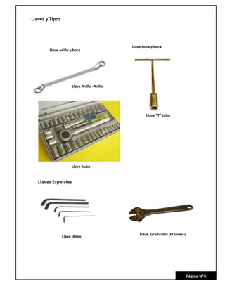 Llaves y Tipos
Llave anillo y boca
Llave boca y boca
Llave Anillo -Anillo
Llave “T” tubo
Llave tubo
Llaves Espeiales
Llave tubo
Llave Allen
Llave Graduable (Francesa)
Página N°4
 