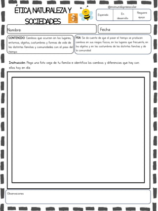 ÉTICA,NATURALEZAY
SOCIEDADES
Nombre: Fecha
Instrucción: Pega una foto vieja de tu familia e identifica los cambios y diferencias que hay con
ellos hoy en día.
Esperado En
desarrollo
Requiere
apoyo
Observaciones:
@mimundopreescolar
PDA: Se da cuenta de que al pasar el tiempo se producen
cambios en sus rasgos físicos, en los lugares que frecuenta, en
los objetos y en las costumbres de las distintas familias y de
la comunidad.
CONTENIDO: Cambios que ocurren en los lugares,
entornos, objetos, costumbres y formas de vida de
las distintas familias y comunidades con el paso del
tiempo.
 