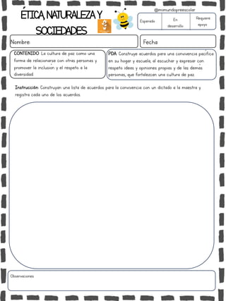 ÉTICA,NATURALEZAY
SOCIEDADES
Nombre: Fecha
Instrucción: Construyan una lista de acuerdos para la convivencia con un dictado a la maestra y
registra cada uno de los acuerdos.
Esperado En
desarrollo
Requiere
apoyo
Observaciones:
@mimundopreescolar
PDA: Construye acuerdos para una convivencia pacífica
en su hogar y escuela, al escuchar y expresar con
respeto ideas y opiniones propias y de las demás
personas, que fortalezcan una cultura de paz.
CONTENIDO: La cultura de paz como una
forma de relacionarse con otras personas y
promover la inclusión y el respeto a la
diversidad.
 