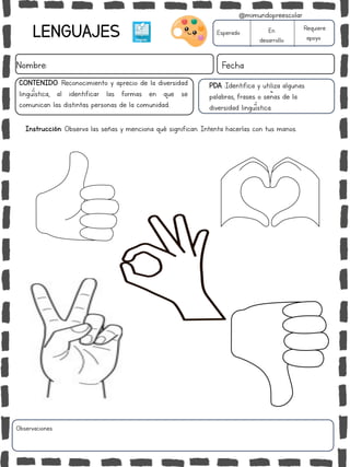 LENGUAJES
Nombre: Fecha
Instrucción: Observa las señas y menciona qué significan. Intenta hacerlas con tus manos.
Esperado En
desarrollo
Requiere
apoyo
Observaciones:
@mimundopreescolar
PDA :Identifica y utiliza algunas
palabras, frases o señas de la
diversidad lingüística.
CONTENIDO: Reconocimiento y aprecio de la diversidad
lingüística, al identificar las formas en que se
comunican las distintas personas de la comunidad..
 