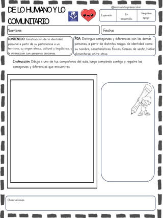 DELOHUMANOYLO
COMUNITARIO
Nombre: Fecha
PDA: Distingue semejanzas y diferencias con las demás
personas, a partir de distintos rasgos de identidad como
su nombre, características físicas, formas de vestir, hablar,
alimentarse, entre otros.
Instrucción: Dibuja a uno de tus compañeros del aula, luego compáralo contigo y registra las
semejanzas y diferencias que encuentres.
Esperado En
desarrollo
Requiere
apoyo
CONTENIDO: Construcción de la identidad
personal a partir de su pertenencia a un
territorio, su origen étnico, cultural y lingüiístico, y
la interacción con personas cercanas..
Observaciones:
@mimundopreescolar
 