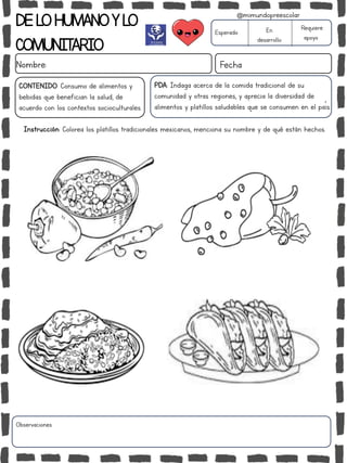 DELOHUMANOYLO
COMUNITARIO
Nombre: Fecha
PDA: Indaga acerca de la comida tradicional de su
comunidad y otras regiones, y aprecia la diversidad de
alimentos y platillos saludables que se consumen en el país.
Esperado En
desarrollo
Requiere
apoyo
CONTENIDO: Consumo de alimentos y
bebidas que benefician la salud, de
acuerdo con los contextos socioculturales.
Observaciones:
@mimundopreescolar
Instrucción: Colorea los platillos tradicionales mexicanos, menciona su nombre y de qué están hechos.
 