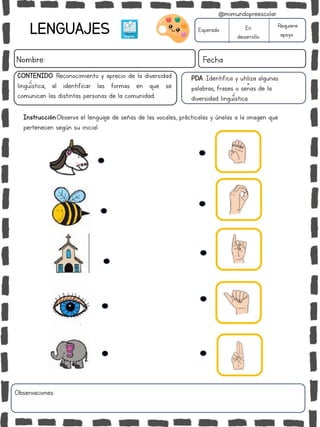 Instrucción:Observa el lenguaje de señas de las vocales, prácticalas y únelas a la imagen que
pertenecen según su inicial.
Observaciones:
LENGUAJES
Nombre: Fecha
PDA :Identifica y utiliza algunas
palabras, frases o señas de la
diversidad lingüística.
Esperado En
desarrollo
Requiere
apoyo
CONTENIDO: Reconocimiento y aprecio de la diversidad
lingüística, al identificar las formas en que se
comunican las distintas personas de la comunidad..
@mimundopreescolar
 