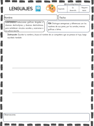 LENGUAJES
Nombre: Fecha
Instrucción: Escribe tu nombre y busca el nombre de un compañero que se parezca al tuyo, luego
escríbelo también.
Esperado
En
desarrollo
Requiere
apoyo
CONTENIDO:Producciones gráficas dirigidas a
diversas destinatarias y diversos destinatarios,
para establecer vínculos sociales y acercarse a
la cultura escrita..
Observaciones:
@mimundopreescolar
PDA: Distingue semejanzas y diferencias con los
nombres de sus pares, por los sonidos, marcas
gráficas o letras.
 
