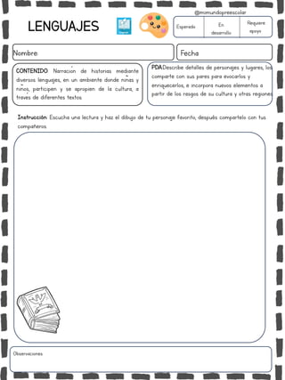 LENGUAJES
Nombre: Fecha
Instrucción: Escucha una lectura y haz el dibujo de tu personaje favorito, después compartelo con tus
compañeros.
Esperado En
desarrollo
Requiere
apoyo
CONTENIDO: Narración de historias mediante
diversos lenguajes, en un ambiente donde niñas y
niños, participen y se apropien de la cultura, a
través de diferentes textos.
PDA:Describe detalles de personajes y lugares, los
comparte con sus pares para evocarlos y
enriquecerlos, e incorpora nuevos elementos a
partir de los rasgos de su cultura y otras regiones.
Observaciones:
@mimundopreescolar
 