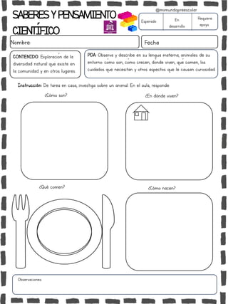 SABERESYPENSAMIENTO
CIENTÍFICO
Nombre: Fecha
Instrucción: De tarea en casa, investiga sobre un animal. En el aula, responde:
Esperado En
desarrollo
Requiere
apoyo
CONTENIDO: Exploración de la
diversidad natural que existe en
la comunidad y en otros lugares.
Observaciones:
@mimundopreescolar
PDA: Observa y describe en su lengua materna, animales de su
entorno: cómo son, cómo crecen, dónde viven, qué comen, los
cuidados que necesitan y otros aspectos que le causan curiosidad.
¿Qué comen?
¿En dónde viven?
¿Cómo nacen?
¿Cómo son?
 