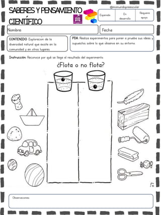 SABERESYPENSAMIENTO
CIENTÍFICO
Nombre: Fecha
Instrucción: Reconoce por qué se llega al resultado del experimento.
Esperado En
desarrollo
Requiere
apoyo
CONTENIDO: Exploración de la
diversidad natural que existe en la
comunidad y en otros lugares.
Observaciones:
@mimundopreescolar
PDA: Realiza experimentos para poner a prueba sus ideas y
supuestos sobre lo que observa en su entorno.
¿Flota o no flota?
 