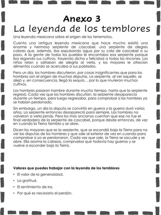 Anexo 3
La leyenda de los temblores
Una leyenda mexicana sobre el origen de los terremotos.
Cuenta una antigua leyenda mexicana que hace mucho existió una
enorme y hermosa serpiente de cascabel, una serpiente de alegres
colores que, además, iba expulsando agua por su cola de cascabel a su
paso. A la gente de todos los pueblos le encantaba esa serpiente porque
iba regando sus cultivos, trayendo dicha y felicidad a todos los rincones. Los
niños reían y saltaban de alegría al verla, y los mayores le ofrecían
alimentos cuando se acercaba a sus poblados.
Pero un día, los hombres discutieron, por cosas insignificantes que para los
hombres son el origen de muchas disputas. La serpiente, al ver aquello, se
alejó y, en consecuencia, llegó la sequía… por lo que murieron muchos
cultivos.
Los hombres pasaron hambre durante mucho tiempo, hasta que la serpiente
regresó. Cada vez que los hombres discutían, la serpiente desaparecía
durante un tiempo, pero luego regresaba, para comprobar si los hombres ya
se habían perdonado.
Sin embargo, un día la disputa se convirtió en guerra y la guerra duró varios
años. La serpiente entonces desapareció para siempre. Los hombres no
volvieron a verla jamás. Pero los más ancianos cuentan que ese no fue el
final verdadero de la serpiente de cascabel, porque desde entonces, de vez
en cuando la Tierra tiembla y se abre.
Dicen los mayores que es la serpiente, que se escondió bajo la Tierra para no
ver las disputas de los hombres y que sale al exterior de vez en cuando para
comprobar si ya se perdonaron. Cada vez que sale, la Tierra se sacude y se
abre. Ella asoma la cabeza, comprueba que todavía hay guerras y se
vuelve a esconder bajo la Tierra.
Valores que puedes trabajar con la leyenda de los temblores
• El valor de la generosidad.
• La gratitud.
• El sentimiento de ira.
• Por qué es necesario el perdón.
 