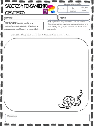 SABERESYPENSAMIENTO
CIENTÍFICO
Nombre: Fecha
Esperado En
desarrollo
Requiere
apoyo
CONTENIDO: Saberes familiares y
comunitarios que resuelven situaciones y
necesidades en el hogar y la comunidad.
Observaciones:
@mimundopreescolar
PDA: Explica en su lengua materna y con sus palabras,
fenómenos naturales a partir de leyendas e historias de la
comunidad, y con ayuda, los contrasta con otras fuentes
de consulta.
Instrucción: Dibuja: ¿Qué sucede cuando la serpiente se asoma a la Tierra?
 