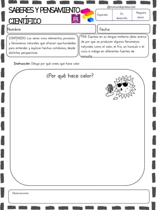 SABERESYPENSAMIENTO
CIENTÍFICO
Nombre: Fecha
Instrucción: Dibuja por qué crees que hace calor.
Esperado En
desarrollo
Requiere
apoyo
CONTENIDO: Los seres vivos: elementos, procesos
y fenómenos naturales que ofrecen oportunidades
para entender y explicar hechos cotidianos, desde
distintas perspectivas.
Observaciones:
@mimundopreescolar
PDA: Expresa en su lengua materna ideas acerca
de por qué se producen algunos fenómenos
naturales como el calor, el frío, un huracán o el
rocío e indaga en diferentes fuentes de
consulta.
¿Por qué hace calor?
 