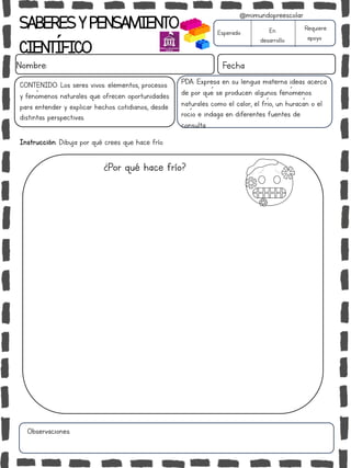 Instrucción: Dibuja por qué crees que hace frío.
Observaciones:
¿Por qué hace frío?
SABERESYPENSAMIENTO
CIENTÍFICO
Nombre: Fecha
Esperado En
desarrollo
Requiere
apoyo
CONTENIDO: Los seres vivos: elementos, procesos
y fenómenos naturales que ofrecen oportunidades
para entender y explicar hechos cotidianos, desde
distintas perspectivas.
@mimundopreescolar
PDA: Expresa en su lengua materna ideas acerca
de por qué se producen algunos fenómenos
naturales como el calor, el frío, un huracán o el
rocío e indaga en diferentes fuentes de
consulta.
 