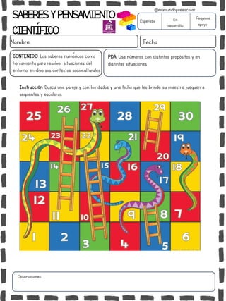 SABERESYPENSAMIENTO
CIENTÍFICO
Nombre: Fecha
Instrucción: Busca una pareja y con los dados y una ficha que les brinde su maestra, jueguen a
serpientes y escaleras.
Esperado En
desarrollo
Requiere
apoyo
CONTENIDO: Los saberes numéricos como
herramienta para resolver situaciones del
entorno, en diversos contextos socioculturales.
Observaciones:
@mimundopreescolar
PDA: Usa números con distintos propósitos y en
distintas situaciones.
 