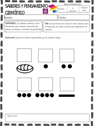 SABERESYPENSAMIENTO
CIENTÍFICO
Nombre: Fecha
Instrucción: Escribe el número representado por los números mayas.
Esperado En
desarrollo
Requiere
apoyo
CONTENIDO: Los saberes numéricos como
herramienta para resolver situaciones del
entorno, en diversos contextos socioculturales.
Observaciones:
@mimundopreescolar
PDA: Conoce formas de contar en otras culturas, como
la maya, que usa rayas y puntos para representar los
números.
 