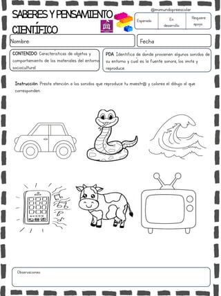 SABERESYPENSAMIENTO
CIENTÍFICO
Nombre: Fecha
Instrucción: Presta atención a los sonidos que reproduce tu maestr@ y colorea el dibujo al que
corresponden.
Esperado En
desarrollo
Requiere
apoyo
CONTENIDO: Características de objetos y
comportamiento de los materiales del entorno
sociocultural.
Observaciones:
@mimundopreescolar
PDA: Identifica de dónde provienen algunos sonidos de
su entorno y cuál es la fuente sonora, los imita y
reproduce.
 