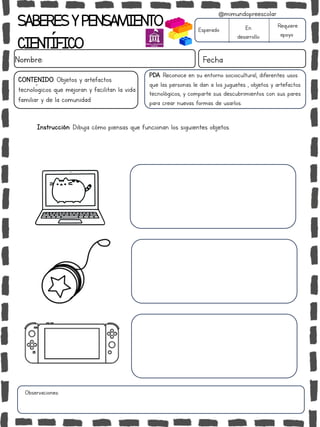 SABERESYPENSAMIENTO
CIENTÍFICO
Nombre: Fecha
Instrucción: Dibuja cómo piensas que funcionan los siguientes objetos.
Esperado En
desarrollo
Requiere
apoyo
CONTENIDO: Objetos y artefactos
tecnológicos que mejoran y facilitan la vida
familiar y de la comunidad
Observaciones:
@mimundopreescolar
PDA: Reconoce en su entorno sociocultural, diferentes usos
que las personas le dan a los juguetes , objetos y artefactos
tecnológicos, y comparte sus descubrimientos con sus pares
para crear nuevas formas de usarlos.
 