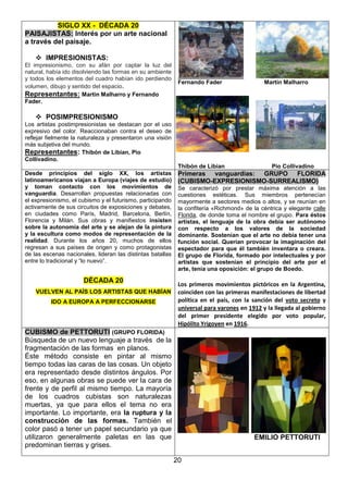 SIGLO XX - DÉCADA 20
PAISAJISTAS: Interés por un arte nacional
a través del paisaje.
 IMPRESIONISTAS:
El impresionismo, con su afán por captar la luz del
natural, había ido disolviendo las formas en su ambiente
y todos los elementos del cuadro habían ido perdiendo
volumen, dibujo y sentido del espacio.
Representantes: Martin Malharro y Fernando
Fader.

Fernando Fader

Martín Malharro

 POSIMPRESIONISMO
Los artistas postimpresionistas se destacan por el uso
expresivo del color. Reaccionaban contra el deseo de
reflejar fielmente la naturaleza y presentaron una visión
más subjetiva del mundo.
Representantes: Thibón de Libian, Pio
Collivadino.
Thibón de Libian
Desde principios del siglo XX, los artistas
latinoamericanos viajan a Europa (viajes de estudio)
y toman contacto con los movimientos de
vanguardia. Desarrollan propuestas relacionadas con
el expresionismo, el cubismo y el futurismo, participando
activamente de sus circuitos de exposiciones y debates,
en ciudades como París, Madrid, Barcelona, Berlín,
Florencia y Milán. Sus obras y manifiestos insisten
sobre la autonomía del arte y se alejan de la pintura
y la escultura como modos de representación de la
realidad. Durante los años 20, muchos de ellos
regresan a sus países de origen y como protagonistas
de las escenas nacionales, lideran las distintas batallas
entre lo tradicional y “lo nuevo”.

DÉCADA 20
VUELVEN AL PAÍS LOS ARTISTAS QUE HABÍAN
IDO A EUROPA A PERFECCIONARSE

Pio Collivadino

Primeras vanguardias: GRUPO FLORIDA
(CUBISMO-EXPRESIONISMO-SURREALISMO)
Se caracterizó por prestar máxima atención a las
cuestiones estéticas. Sus miembros pertenecían
mayormente a sectores medios o altos, y se reunían en
la confitería «Richmond» de la céntrica y elegante calle
Florida, de donde toma el nombre el grupo. Para éstos
artistas, el lenguaje de la obra debía ser autónomo
con respecto a los valores de la sociedad
dominante. Sostenían que el arte no debía tener una
función social. Querían provocar la imaginación del
espectador para que él también inventara o creara.
El grupo de Florida, formado por intelectuales y por
artistas que sostenían el principio del arte por el
arte, tenía una oposición: el grupo de Boedo.

Los primeros movimientos pictóricos en la Argentina,
coinciden con las primeras manifestaciones de libertad
política en el país, con la sanción del voto secreto y
universal para varones en 1912 y la llegada al gobierno
del primer presidente elegido por voto popular,
Hipólito Yrigoyen en 1916.

CUBISMO de PETTORUTI (GRUPO FLORIDA)
Búsqueda de un nuevo lenguaje a través de la
fragmentación de las formas en planos.
Éste método consiste en pintar al mismo
tiempo todas las caras de las cosas. Un objeto
era representado desde distintos ángulos. Por
eso, en algunas obras se puede ver la cara de
frente y de perfil al mismo tiempo. La mayoría
de los cuadros cubistas son naturalezas
muertas, ya que para ellos el tema no era
importante. Lo importante, era la ruptura y la
construcción de las formas. También el
color pasó a tener un papel secundario ya que
utilizaron generalmente paletas en las que
predominan tierras y grises.

EMILIO PETTORUTI
20

 