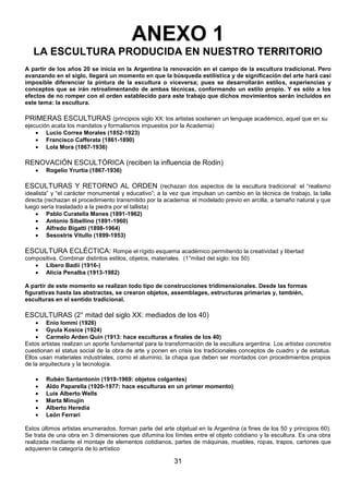 ANEXO 1
LA ESCULTURA PRODUCIDA EN NUESTRO TERRITORIO
A partir de los años 20 se inicia en la Argentina la renovación en el campo de la escultura tradicional. Pero
avanzando en el siglo, llegará un momento en que la búsqueda estilística y de significación del arte hará casi
imposible diferenciar la pintura de la escultura o viceversa; pues se desarrollarán estilos, experiencias y
conceptos que se irán retroalimentando de ambas técnicas, conformando un estilo propio. Y es sólo a los
efectos de no romper con el orden establecido para este trabajo que dichos movimientos serán incluidos en
este tema: la escultura.

PRIMERAS ESCULTURAS (principios siglo XX: los artistas sostienen un lenguaje académico, aquel que en su
ejecución acata los mandatos y formalismos impuestos por la Academia)
Lucio Correa Morales (1852-1923)
Francisco Cafferata (1861-1890)
Lola Mora (1867-1936)

RENOVACIÓN ESCULTÓRICA (reciben la influencia de Rodin)
Rogelio Yrurtia (1867-1936)

ESCULTURAS Y RETORNO AL ORDEN (rechazan dos aspectos de la escultura tradicional: el “realismo
idealista” y “el carácter monumental y educativo”; a la vez que impulsan un cambio en la técnica de trabajo, la talla
directa (rechazan el procedimiento transmitido por la academia: el modelado previo en arcilla, a tamaño natural y que
luego sería trasladado a la piedra por el tallista)
Pablo Curatella Manes (1891-1962)
Antonio Sibellino (1891-1960)
Alfredo Bigatti (1898-1964)
Sesostris Vitullo (1899-1953)

ESCULTURA ECLÉCTICA: Rompe el rígido esquema académico permitiendo la creatividad y libertad
compositiva. Combinar distintos estilos, objetos, materiales. (1°mitad del siglo: los 50)
Libero Badii (1916-)
Alicia Penalba (1913-1982)
A partir de este momento se realizan todo tipo de construcciones tridimensionales. Desde las formas
figurativas hasta las abstractas, se crearon objetos, assemblages, estructuras primarias y, también,
esculturas en el sentido tradicional.

ESCULTURAS (2° mitad del siglo XX: mediados de los 40)
Enio Iommi (1926)
Gyula Kosice (1924)
Carmelo Arden Quin (1913: hace esculturas a finales de los 40)
Estos artistas realizan un aporte fundamental para la transformación de la escultura argentina. Los artistas concretos
cuestionan el status social de la obra de arte y ponen en crisis los tradicionales conceptos de cuadro y de estatua.
Ellos usan materiales industriales, como el aluminio, la chapa que deben ser montados con procedimientos propios
de la arquitectura y la tecnología.
Rubén Santantonin (1919-1969: objetos colgantes)
Aldo Paparella (1920-1977: hace esculturas en un primer momento)
Luis Alberto Wells
Marta Minujin
Alberto Heredia
León Ferrari
Estos últimos artistas enumerados, forman parte del arte objetual en la Argentina (a fines de los 50 y principios 60).
Se trata de una obra en 3 dimensiones que difumina los límites entre el objeto cotidiano y la escultura. Es una obra
realizada mediante el montaje de elementos cotidianos, partes de máquinas, muebles, ropas, trapos, cartones que
adquieren la categoría de lo artístico

31

 