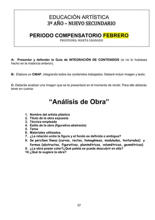 EDUCACIÓN ARTÍSTICA
3º AÑO – NUEVO SECUNDARIO
PERIODO COMPENSATORIO FEBRERO
PROFESORA: MARTA GRANADO

A- Presentar y defender la Guía de INTEGRACIÓN DE CONTENIDOS (si no lo hubieses
hecho en la instancia anterior).

B- Elabora un CMAP, integrando todos los contenidos trabajados. Deberá incluir imagen y texto.

C- Deberás analizar una imagen que se te presentará en el momento de rendir. Para ello deberás
tener en cuenta:

“Análisis de Obra”
1.
2.
3.
4.
5.
6.
7.
8.

Nombre del artista plástico
Título de la obra expuesta
Técnica empleada
Estilo de la obra (figurativo-abstracto)
Tema
Materiales utilizados.
¿La relación entre la figura y el fondo es definida o ambigua?
Se perciben líneas (curvas, rectas, homogéneas, moduladas, texturadas) y
formas (abstractas, figurativas, planimétricas, volumétricas, geométricas)
9. ¿La obra posee color?¿Qué paleta se puede descubrir en ella?
10. ¿Qué te sugiere la obra?

37

 