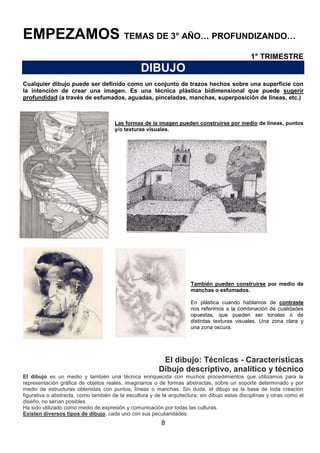 EMPEZAMOS TEMAS DE 3° AÑO… PROFUNDIZANDO…
1° TRIMESTRE

DIBUJO
Cualquier dibujo puede ser definido como un conjunto de trazos hechos sobre una superficie con
la intención de crear una imagen. Es una técnica plástica bidimensional que puede sugerir
profundidad (a través de esfumados, aguadas, pinceladas, manchas, superposición de líneas, etc.)

Las formas de la imagen pueden construirse por medio de líneas, puntos
y/o texturas visuales.

También pueden construirse por medio de
manchas o esfumados.
En plástica cuando hablamos de contraste
nos referimos a la combinación de cualidades
opuestas, que pueden ser tonales o de
distintas texturas visuales. Una zona clara y
una zona oscura.

El dibujo: Técnicas - Características
Dibujo descriptivo, analítico y técnico
El dibujo es un medio y también una técnica enriquecida con muchos procedimientos que utilizamos para la
representación gráfica de objetos reales, imaginarios o de formas abstractas, sobre un soporte determinado y por
medio de estructuras obtenidas con puntos, líneas o manchas. Sin duda, el dibujo es la base de toda creación
figurativa o abstracta, como también de la escultura y de la arquitectura; sin dibujo estas disciplinas y otras como el
diseño, no serían posibles.
Ha sido utilizado como medio de expresión y comunicación por todas las culturas.
Existen diversos tipos de dibujo, cada uno con sus peculiaridades:

8

 