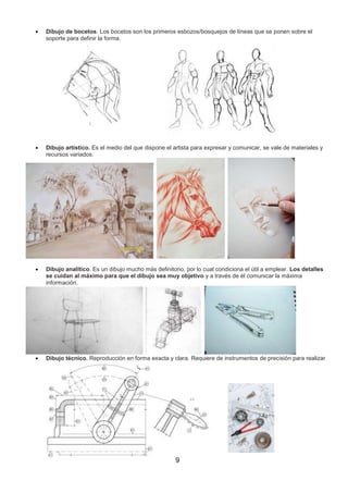 Dibujo de bocetos. Los bocetos son los primeros esbozos/bosquejos de líneas que se ponen sobre el
soporte para definir la forma.

Dibujo artístico. Es el medio del que dispone el artista para expresar y comunicar, se vale de materiales y
recursos variados.

Dibujo analítico. Es un dibujo mucho más definitorio, por lo cual condiciona el útil a emplear. Los detalles
se cuidan al máximo para que el dibujo sea muy objetivo y a través de él comunicar la máxima
información.

Dibujo técnico. Reproducción en forma exacta y clara. Requiere de instrumentos de precisión para realizar

9

 
