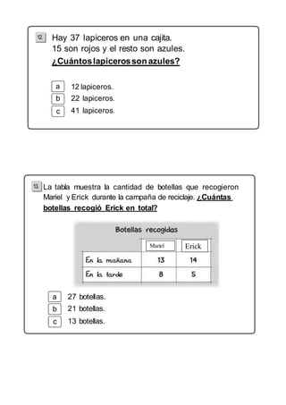 Hay 37 lapiceros en una cajita. 
15 son rojos y el resto son azules. 
¿Cuántos lapiceros son azules? 
b 
c 
12 lapiceros. 
22 lapiceros. 
41 lapiceros. 
La tabla muestra la cantidad de botellas que recogieron 
Mariel y Erick durante la campaña de reciclaje. ¿Cuántas 
botellas recogió Erick en total? 
b 
c 
21 botellas. 
13 botellas. 
Mariel Erick 
 