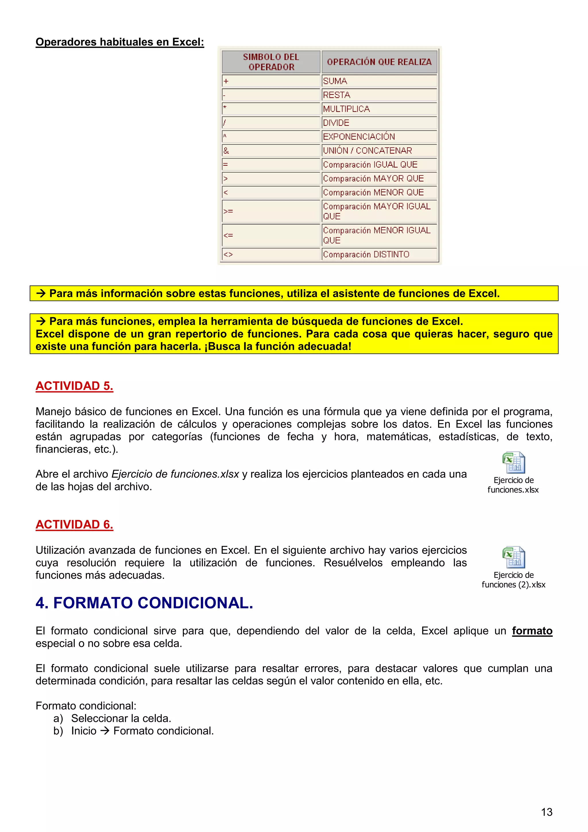 13
Operadores habituales en Excel:
Para más información sobre estas funciones, utiliza el asistente de funciones de Excel.
Para más funciones, emplea la herramienta de búsqueda de funciones de Excel.
Excel dispone de un gran repertorio de funciones. Para cada cosa que quieras hacer, seguro que
existe una función para hacerla. ¡Busca la función adecuada!
ACTIVIDAD 5.
Manejo básico de funciones en Excel. Una función es una fórmula que ya viene definida por el programa,
facilitando la realización de cálculos y operaciones complejas sobre los datos. En Excel las funciones
están agrupadas por categorías (funciones de fecha y hora, matemáticas, estadísticas, de texto,
financieras, etc.).
Abre el archivo Ejercicio de funciones.xlsx y realiza los ejercicios planteados en cada una
de las hojas del archivo.
ACTIVIDAD 6.
Utilización avanzada de funciones en Excel. En el siguiente archivo hay varios ejercicios
cuya resolución requiere la utilización de funciones. Resuélvelos empleando las
funciones más adecuadas.
4. FORMATO CONDICIONAL.
El formato condicional sirve para que, dependiendo del valor de la celda, Excel aplique un formato
especial o no sobre esa celda.
El formato condicional suele utilizarse para resaltar errores, para destacar valores que cumplan una
determinada condición, para resaltar las celdas según el valor contenido en ella, etc.
Formato condicional:
a) Seleccionar la celda.
b) Inicio Formato condicional.
2,5 puntos (0.5 cada uno)
Ejercicio de
funciones.xlsx
3 puntos (0.5 cada uno)
Ejercicio de
funciones (2).xlsx
 