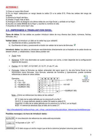 3
ACTIVIDAD 1
1) Crea un nuevo libro Excel.
2) En la Hoja1 selecciona un rango desde la celda C3 a la celda E15. Pinta las celdas del rango de
amarillo.
3) Elimina la Hoja3 del libro.
4) Añade 2 hojas más al libro.
5) Averigua como se designa a la última celda de una hoja Excel, y anótalo en la Hoja1.
6) Acude a la celda BN456 de la Hoja1 y escribe tu nombre en ella.
7) Guarda en libro como Ejer1.xlsx.
2.2.- EMPEZAMOS A TRABAJAR CON EXCEL.
Tipos de datos: En las celdas se pueden introducir datos de muy diverso tipo (texto, números, fechas,
fórmulas, etc.).
Validar datos: al introducir un dato en la celda hay que validarlo:
a) Escribiendo el dato y pulsando Intro.
b) Escribiendo el dato y presionando el botón de validar de la barra de fórmulas.
Introducir datos: los datos se introducen escribiéndolos directamente con el teclado en la celda donde se
deseen añadir, y validándolos. Estos datos pueden ser:
Texto: hola
Números: 5,231 (los decimales se suelen expresar con coma, si bien depende de la configuración
regional del equipo)
Fechas: 21-12-1997, 21/12/1997, 21-12-77, 21-dic-77, etc.
Formulas: todas la fórmulas se deben anteceder del signo igual (=), de otra forma Excel no las
reconocerá como fórmulas. Una fórmula, además de números y operaciones, puede contener
referencias a datos en otras celdas.
Ejemplos:
a) =21+15.
b) = A1 + B1
c) =SUMA(A1;B3)
d) =SUMA(A1:A6)
Nota: ¿Cómo se referencian los datos de las celdas?
B7 dato de la celda definida por la columna B y la fila 7.
C8:E15 rango definido desde la celda C8 hasta la celda E15.
Hoja2!A2 dato de la celda definida por la columna A y la fila 2, en la Hoja2.
$C$1 referencia absoluta (fija) al dato de la celda C1.
http://cfievalladolid2.net/tecno/hoja_calc_c/hoja_calc/archivos/Ayuda/utilizar_referencias.htm#diferencias
Posibles mensajes a la hora de introducir datos:
#¡VALOR!
3,24E+13
########
A B C D E F
1 5 2
2 4 7
3 6 4
4 5
5 1
6 7
0,1 puntos
Una dirección de referencia de celda está equivocada.
Equivale a 3,24 · 1013
El dato ocupa un ancho mayor que el de la columna (ampliar columna para verlo).
=21+15
=A1+B1
=SUMA(A1:A6)
Fórmulas en
EXCEL.xlsx
 