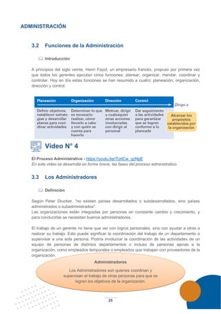 25
ADMINISTRACIÓN
3.2 Funciones de la Administración
 Introducción
A principios del siglo veinte, Henri Fayol, un empresario francés, propuso por primera vez
que todos los gerentes ejecutan cinco funciones: planear, organizar, mandar, coordinar y
controlar. Hoy en día estas funciones se han resumido a cuatro: planeación, organización,
dirección y control.
Video N° 4
El Proceso Administrativo - https://youtu.be/7UdCw_qzNgE
En este video se desarrolla en forma breve, las fases del proceso administrativo.
3.3 Los Administradores
 Definición
Según Peter Drucker, "no existen países desarrollados o subdesarrollados, sino países
administrados o subadministrados".
Las organizaciones están integradas por personas en constante cambio y crecimiento, y
para conducirlas se necesitan buenos administradores.
El trabajo de un gerente no tiene que ver con logros personales, sino con ayudar a otros a
realizar su trabajo. Esto puede significar la coordinación del trabajo de un departamento o
supervisar a una sola persona. Podría involucrar la coordinación de las actividades de un
equipo de personas de distintos departamentos o incluso de personas ajenas a la
organización, como empleados temporales o empleados que trabajan con proveedores de la
organización.
Administradores
Los Administradores son quienes coordinan y
supervisan el trabajo de otras personas para que se
logren los objetivos de la organización.
 