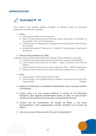 31
ADMINISTRACIÓN
Actividad N° 10
Para resolver esta actividad deberán investigar en distintas fuentes de búsqueda
espontanea o provista por el profesor.
1. Taylor
a) ¿Qué propone Taylor con esta escuela?
b) Elijan 2 de los principios que formula esta escuela que puedan ser utilizados en
la actualidad. ¿Por qué? Fundamenten.
c) ¿Cuáles fueron los resultados en las organizaciones que aplicaron estas técnicas
en su época?
d) ¿A qué se le denominó “Taylorismo” y “Fordismo”? Características. ¿Qué opinión
les merece?
2. Película Tiempos Modernos (1936)
Luego De mirar los primeros 20 minutos de la película Tiempos Modernos, respondan:
a) ¿Cuáles de las características propias del fordismo aparecen representadas?
b) ¿Qué consecuencias tiene para el obrero – según la película- esta forma de
trabajo?
c) ¿Qué sucedía en la Economía a nivel mundial entre 1926 – 1936? Fundamenten.
d) Elaboren un breve informe con lo visto en la película (sugerencia: ½ o 1 carilla).
3. Fayol
e) ¿Qué propone analizar Fayol en esta escuela?
f) Formen grupos y den ejemplos donde se apliquen los principios de Fayol en las
organizaciones actuales.
4. Explicar las diferencias y similitudes fundamentales entre la escuela científica
y la industrial.
5. ¿Cómo surge y en qué contexto histórico, la escuela de las Relaciones
Humanas? ¿Qué aspectos fundamentales destaca E. Mayo en esta escuela?
¿Cuáles son los aportes de esta escuela, a la organización de hoy?
6. ¿Cuáles son los fundamentos del modelo de Weber y sus bases
funcionamiento? ¿Qué organizaciones actuales identificas con la teoría de
Weber?
7. ¿De qué se ocupa la Escuela de la Teoría de la Organización?
 