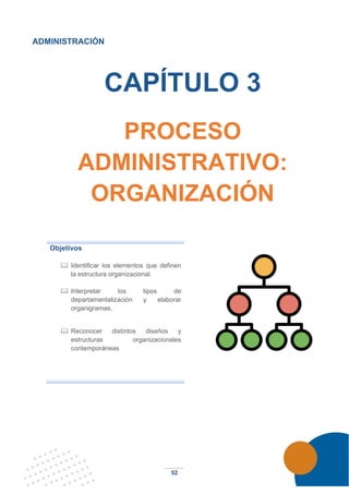 52
ADMINISTRACIÓN
CAPÍTULO 3
PROCESO
ADMINISTRATIVO:
ORGANIZACIÓN
Objetivos
 Identificar los elementos que definen
la estructura organizacional.
 Interpretar los tipos de
departamentalización y elaborar
organigramas.
 Reconocer distintos diseños y
estructuras organizacionales
contemporáneas
 