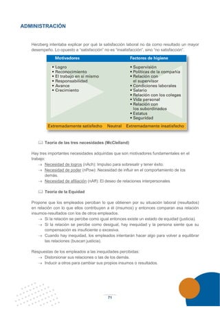 71
ADMINISTRACIÓN
Herzberg intentaba explicar por qué la satisfacción laboral no da como resultado un mayor
desempeño. Lo opuesto a “satisfacción” no es “insatisfacción”, sino “no satisfacción”.
 Teoría de las tres necesidades (McClelland)
Hay tres importantes necesidades adquiridas que son motivadores fundamentales en el
trabajo:
→ Necesidad de logros (nAch): Impulso para sobresalir y tener éxito.
→ Necesidad de poder (nPow): Necesidad de influir en el comportamiento de los
demás.
→ Necesidad de afiliación (nAff): El deseo de relaciones interpersonales
 Teoría de la Equidad
Propone que los empleados perciban lo que obtienen por su situación laboral (resultados)
en relación con lo que ellos contribuyen a él (insumos) y entonces comparan esa relación
insumos-resultados con los de otros empleados.
→ Si la relación se percibe como igual entonces existe un estado de equidad (justicia).
→ Si la relación se percibe como desigual, hay inequidad y la persona siente que su
compensación es insuficiente o excesiva.
→ Cuando hay inequidad, los empleados intentarán hacer algo para volver a equilibrar
las relaciones (buscan justicia).
Respuestas de los empleados a las inequidades percibidas:
→ Distorsionar sus relaciones o las de los demás.
→ Inducir a otros para cambiar sus propios insumos o resultados.
 