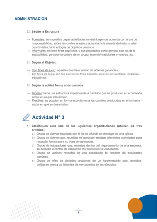9
ADMINISTRACIÓN
 Según la Estructura
→ Formales: son aquellas cuyas actividades se distribuyen de acuerdo con áreas de
responsabilidad, sobre las cuales se ejerce autoridad claramente definida, y están
coordinadas hacia el logro de objetivos precisos.
→ Informales: no tiene fines explícitos, y sus propósitos por lo general son los de la
sociabilidad, perdurar la cultura de un grupo, trasmitir tradiciones y valores, etc.
 Según el Objetivo
→ Con fines de lucro: aquellas que tiene ánimo de obtener ganancias.
→ Sin fines de lucro: son las que tienen fines sociales, pueden ser políticas, religiosas,
educativas.
 Según la actitud frente a los cambios
→ Rígidas: tiene una estructura impermeable a cambios que se producen en el contexto
social en el que interactúan.
→ Flexibles: se adaptan en forma espontánea a los cambios producidos en el contexto
social en que se desarrollan.
Actividad N° 3
1. Clasifiquen cada una de las siguientes organizaciones (utilicen los tres
criterios):
a) Grupo de jóvenes reunidos con el fin de difundir un mensaje de una Iglesia.
b) Grupo de jóvenes que, reunidos en comisión, realizan diferentes actividades para
recaudar fondos para su viaje de egresados.
c) Grupo de trabajadores que, reunidos dentro del departamento de una empresa,
se dedican al control de calidad de los productos ya elaborados.
d) Grupo de vecinos reunidos en una asociación de fomento de actividades
barriales.
e) Grupo de jefes de distintas secciones de un hipermercado que, reunidos,
deliberan acerca de faltantes de mercaderías en las góndolas.
 