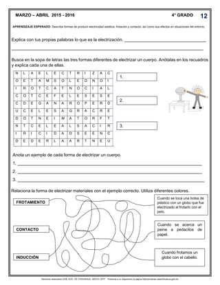 Derechos reservados GOB. EDO. DE CHIHUAHUA. SEECH. MTP. Ponemos a su disposición la página http//primarias.cetechihuahua.gob.mx
Explica con tus propias palabras lo que es la electrización. __________________________________
________________________________________________________________________________
Busca en la sopa de letras las tres formas diferentes de electrizar un cuerpo. Anótalas en los recuadros
y explica cada una de ellas.
N L A E L E C T R I Z A C
O E T A M S O L E D N O I
I R O T C A T N O C I A L
C O T C E F E L E S E S E
C D E G A N A R O P E R D
U C E L E S A G R A C R E
D O T N E I M A T O R F T
N T C E L E A L S A C I R
I R I C I D A D S E E N C
D E D E R L A A R T N E U
Anota un ejemplo de cada forma de electrizar un cuerpo.
1. _____________________________________________________________________________
2. _____________________________________________________________________________
3. ______________________________________________________________________________
Relaciona la forma de electrizar materiales con el ejemplo correcto. Utiliza diferentes colores.
APRENDIZAJE ESPERADO: Describe formas de producir electricidad estática: frotación y contacto, así como sus efectos en situaciones del entorno.
4° GRADO
1.
2.
3.
FROTAMIENTO
CONTACTO
INDUCCIÓN
Cuando se toca una bolsa de
plástico con un globo que fue
electrizado al frotarlo con el
pelo.
Cuando se acerca un
peine a pedacitos de
papel.
Cuando frotamos un
globo con el cabello.
12MARZO – ABRIL 2015 - 2016
 