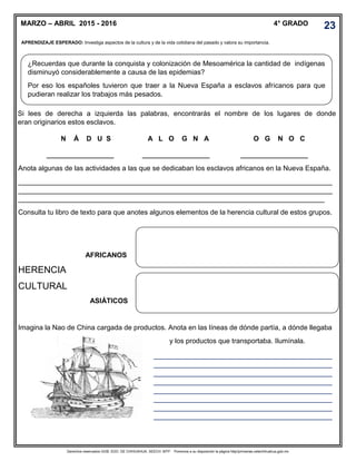 Derechos reservados GOB. EDO. DE CHIHUAHUA. SEECH. MTP. Ponemos a su disposición la página http//primarias.cetechihuahua.gob.mx
Si lees de derecha a izquierda las palabras, encontrarás el nombre de los lugares de donde
eran originarios estos esclavos.
N Á D U S A L O G N A O G N O C
_____________ _____________ _____________
Anota algunas de las actividades a las que se dedicaban los esclavos africanos en la Nueva España.
_________________________________________________________________________________
_________________________________________________________________________________
_______________________________________________________________________________
Consulta tu libro de texto para que anotes algunos elementos de la herencia cultural de estos grupos.
AFRICANOS
HERENCIA
CULTURAL
ASIÁTICOS
Imagina la Nao de China cargada de productos. Anota en las líneas de dónde partía, a dónde llegaba
y los productos que transportaba. Ilumínala.
MARZO – ABRIL 2015 - 2016 4° GRADO
APRENDIZAJE ESPERADO: Investiga aspectos de la cultura y de la vida cotidiana del pasado y valora su importancia.
.
¿Recuerdas que durante la conquista y colonización de Mesoamérica la cantidad de indígenas
disminuyó considerablemente a causa de las epidemias?
Por eso los españoles tuvieron que traer a la Nueva España a esclavos africanos para que
pudieran realizar los trabajos más pesados.
______________________________________________
______________________________________________
______________________________________________
______________________________________________
______________________________________________
______________________________________________
______________________________________________
______________________________________________
23
 