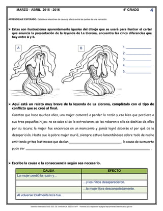Derechos reservados GOB. EDO. DE CHIHUAHUA. SEECH. MTP. Ponemos a su disposición la página http//primarias.cetechihuahua.gob.mx
 Estas son ilustraciones aparentemente iguales del dibujo que se usará para ilustrar el cartel
que anuncia la presentación de la leyenda de La Llorona, encuentra las cinco diferencias que
hay entre A y B.
 Aquí está un relato muy breve de la leyenda de La Llorona, complétalo con el tipo de
conflicto que se creó al final.
Cuentan que hace muchos años, una mujer comenzó a perder la razón y eso hizo que perdiera a
sus tres pequeños hijos; no se sabe si se le extraviaron, se los robaron o ella se deshizo de ellos
por su locura; la mujer fue encerrada en un manicomio y jamás logró saberse el por qué de la
desaparición. Hasta que la pobre mujer murió, siempre estuvo lamentándose sobre todo de noche
emitiendo gritos lastimosos que decían __________________________, la causa de su muerte
pudo ser ______________________________________________________________ .
 Escribe la causa o la consecuencia según sea necesario.
APRENDIZAJE ESPERADO: Establece relaciónes de causa y efecto entre las partes de una narración.
MARZO - ABRIL 2015 - 2016 4° GRADO 4
CAUSA EFECTO
La mujer perdió la razón y…
…y los niños desaparecieron.
…la mujer llora desconsoladamente.
Al volverse totalmente loca fue…
1. ______________
2. ______________
3. ______________
4. ______________
5. ______________
A B
 