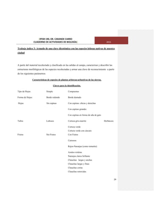 [IPEM 190, DR. CARANDE CARRO
CUADERNO DE ACTIVIDADES DE BIOLOGÌA] 2015
24
Trabajo áulico 3: Armado de una clave dicotómica con las especies leñosas nativas de nuestra
ciudad
A partir del material recolectado y clasificado en las salidas al campo, caracterizar y describir las
estructuras morfológicas de las especies recolectadas y armar una clave de reconocimiento a partir
de los siguientes parámetros:
Características de especies de plantas arbóreas-arbustivas de las sierras.
Claves para la identificación.
Tipo de Hojas: Simple Compuestas
Forma de Hojas: Borde redondo Borde dentado
Hojas: Sin espinas Con espinas: chicas y derechas
Con espinas grandes
Con espinas en forma de uña de gato
Tallos Leñosos Corteza gris-marrón Herbáceos
Corteza verde
Corteza verde con cáscara
Frutos Sin Frutos Con Frutos
Carnosos
Rojos-Naranjas (como tomatito)
Azules-violetas
Naranjas claros brillante
Chauchas largas y anchas
Chauchas largas y finas
Chauchas cortas
Chauchas retorcidas
 