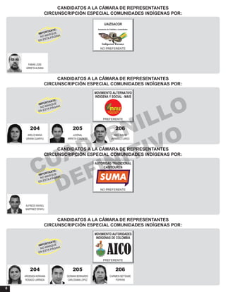 6
CANDIDATOS A LA CÁMARA DE REPRESENTANTES
CIRCUNSCRIPCIÓN ESPECIAL COMUNIDADES INDÍGENAS POR:
CANDIDATOS A LA CÁMARA DE REPRESENTANTES
CIRCUNSCRIPCIÓN ESPECIAL COMUNIDADES INDÍGENAS POR:
CANDIDATOS A LA CÁMARA DE REPRESENTANTES
CIRCUNSCRIPCIÓN ESPECIAL COMUNIDADES INDÍGENAS POR:
CANDIDATOS A LA CÁMARA DE REPRESENTANTES
CIRCUNSCRIPCIÓN ESPECIAL COMUNIDADES INDÍGENAS POR:
FABIAN JOSE
ARRIETAALDANA
UAIZSACOR
NO PREFERENTE
204 205 206
ARELIS MARIA JUVENAL ABEL DAVID
URIANA GUARIYU ARRIETA GONZALEZ JARAMILLO LARGO
MOVIMIENTO ALTERNATIVO
INDÍGENA Y SOCIAL - MAIS
PREFERENTE
ALFREDO RAFAEL
MARTINEZ EPIAYU
AUTORIDAD TRADICIONAL
CASIYOUREN
NO PREFERENTE
204 205 206
ARGENIDA NORAIMA GERMAN BERNARDO CARMEN BETSABE
ROSADO LARRADA CARLOSAMA LOPEZ POPAYAN
MOVIMIENTO AUTORIDADES
INDÍGENAS DE COLOMBIA
PREFERENTE
CUADERNILLO
DEFINITIVO
 