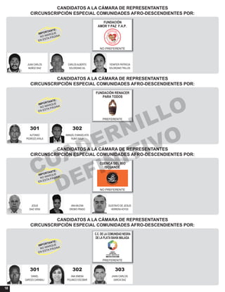 18
CANDIDATOS A LA CÁMARA DE REPRESENTANTES
CIRCUNSCRIPCIÓN ESPECIAL COMUNIDADES AFRO-DESCENDIENTES POR:
CANDIDATOS A LA CÁMARA DE REPRESENTANTES
CIRCUNSCRIPCIÓN ESPECIAL COMUNIDADES AFRO-DESCENDIENTES POR:
CANDIDATOS A LA CÁMARA DE REPRESENTANTES
CIRCUNSCRIPCIÓN ESPECIAL COMUNIDADES AFRO-DESCENDIENTES POR:
CANDIDATOS A LA CÁMARA DE REPRESENTANTES
CIRCUNSCRIPCIÓN ESPECIAL COMUNIDADES AFRO-DESCENDIENTES POR:
JUAN CARLOS CARLOS ALBERTO YENIFER PATRICIA
MUÑOZ DIAZ SOLORZANO GIL SOLORZANO TRILLOS
FUNDACIÓN
AMOR Y PAZ F.A.P.
NO PREFERENTE
301 302
ALFONSO MANUEL EVANGELISTA
PEDROZO AYALA RUBIO AVILA
FUNDACIÓN RENACER
PARA TODOS
PREFERENTE
JESUS ANA MILENA GUSTAVO DE JESUS
DIAZ VERA OROBIO PRADO HERRERA HOYOS
CUENCA DEL RÍO
ISCUANDÉ
NO PREFERENTE
301 302 303
DANIEL ANA XIMENA JHAN CARLOS
GARCES CARABALI POLANCO ESCOBAR GARCIA DIAZ
C.C. DE LA COMUNIDAD NEGRA
DE LA PLATA BAHÍA MÁLAGA
PREFERENTE
CUADERNILLO
DEFINITIVO
 