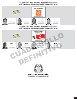 3
CANDIDATOS A LA CÁMARA DE REPRESENTANTES
CIRCUNSCRIPCIÓN TERRITORIAL RISARALDA POR:
VICTOR MANUEL MARIO ANDRESJOHN FREDY MARTIN ALONSO
CALDERON CADAVID MEJIA GIRALDOLOPEZ GARCIA ESCOBAR BOLIVAR
PARTIDO SOMOS
NO PREFERENTE
CANDIDATOS A LA CÁMARA DE REPRESENTANTES
CIRCUNSCRIPCIÓN TERRITORIAL RISARALDA POR:
101 104102 103
DIEGO JUAN CARLOSJOSE ANTONIO JOSE FREDY
PATIÑO AMARILES REINALES AGUDELOIDARRAGA FERNANDEZ ARIAS HERRERA
PARTIDO LIBERAL
COLOMBIANO
PREFERENTE
CUADERNILLO
DEFINITIVO
 