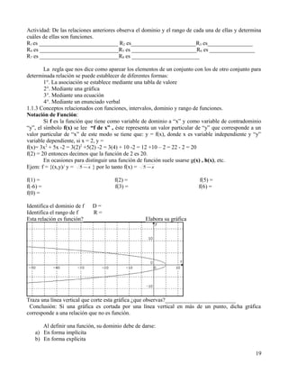 Actividad: De las relaciones anteriores observa el dominio y el rango de cada una de ellas y determina
cuáles de ellas son funciones.
R1 es ____________________________ R2 es_______________________R3 es________________
R4 es ____________________________R5 es _______________________R6 es ________________
R7 es ____________________________R8 es ________________________

        La regla que nos dice como aparear los elementos de un conjunto con los de otro conjunto para
determinada relación se puede establecer de diferentes formas:
        1°. La asociación se establece mediante una tabla de valore
        2°. Mediante una gráfica
        3°. Mediante una ecuación
        4°. Mediante un enunciado verbal
1.1.3 Conceptos relacionados con funciones, intervalos, dominio y rango de funciones.
Notación de Función:
        Si f es la función que tiene como variable de dominio a “x” y como variable de contradominio
“y”, el símbolo f(x) se lee “f de x” , éste representa un valor particular de “y” que corresponde a un
valor particular de “x” de este modo se tiene que: y = f(x), donde x es variable independiente y “y”
variable dependiente, si x = 2, y =
f(x)= 3x2 + 5x -2 = 3(2)2 +5(2) -2 = 3(4) + 10 -2 = 12 +10 – 2 = 22 - 2 = 20
f(2) = 20 entonces decimos que la función de 2 es 20.
        En ocasiones para distinguir una función de función suele usarse g(x) , h(x), etc.
Ejem: f = {(x,y)/ y = 5 − x } por lo tanto f(x) = 5 − x

f(1) =                                f(2) =                              f(5) =
f(-6) =                               f(3) =                              f(6) =
f(0) =

Identifica el dominio de f  D=
Identifica el rango de f     R=
Esta relación es función?______________________Elabora su gráfica




Traza una línea vertical que corte esta gráfica ¿que observas?_________________________
 Conclusión: Si una gráfica es cortada por una línea vertical en más de un punto, dicha gráfica
corresponde a una relación que no es función.

      Al definir una función, su dominio debe de darse:
   a) En forma implícita
   b) En forma explícita

                                                                                                   19
 