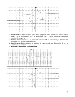 i) Extensión de la curva: Dominio como en los ejemplos la curva presenta una asíntota vertical
   en x = 2, la curva no pasa por X = 2, su dominio será x ≠ 0 . e n este apartado es conveniente
   manejar el concepto de:
j) Función creciente: Cuando a un aumente de x corresponde un aumento de y o al disminuir x
   disminuye y en un determinado intervalo
k) Función decreciente: cuando a un aumento de x corresponde una disminución de y o al
   disminuir x, y aumenta .
l) Observa la gráfica de la primera función:




                                                                                              28
 