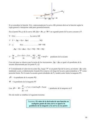 ∆y
                                                                        T
                                               P(x,y)     R

                                               M ∆x N


Si se considera la función f(x) , representada por la curva AB, primero derivar la función según la
regla general e interpretar cada paso geométricamente.

Sea el punto P(x,y) de la curva AB, Q(x+ ∆ ,y+ ∆ ) un segundo punto de la curva cercano a P.
                                          x     y

Y = f(x) …………………. La curva AB

1°. Y + ∆y = f(x+ ∆x)        ……………NQ

2°. –y         -f(x) ……………………MP =NR

         ∆y = f(x+ ∆x) – f(x) = NQ – NR = RQ


     ∆y   f ( x + ∆x) − f ( x)   RQ   RQ
3°      =                      =    =    = tan β =      pendiente de la secante
     ∆x            ∆x            MN   PR

Con este paso se observa que la razón de los incrementos ∆y / ∆x es igual a la pendiente de la
secante determinada por los punto P y Q

4° Considerando el valor de (x) como fijo, luego “P” es un punto fijo de la curva, así mismo ∆x varía
tendiendo a cero, evidentemente el punto Q se mueve a lo largo de la curva aproximándose a “P” como
posición límite. Por lo tanto la secante girará alrededor de P y tendrá como límite la tangente PT.

β = la pendiente de la secante PQ

α    = la pendiente de la tangente PT

                   dy
                      = f ' ( x) = LimTanβ = Tanα
Lim β =       α=   dx                                = pendiente de la tangente en P
                   ∆x → 0

De este modo se establece el siguiente teorema:


                          Teorema: El valor de la derivada de una función en
                              cualquier punto de una curva es igual a la
                           pendiente de la tangente a la curva en ese punto




                                                                                                      50
 