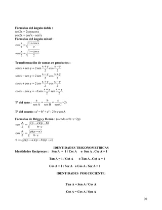 Fórmulas del ángulo doble :
sen2x = 2senxcosx
cos2x = cos2x - sen2x
Fórmulas del ángulo mitad :
      x   1 + cos x
cos     =
      2       2
      x   1 − cos x
sen     =
      2       2

Transformación de sumas en productos :
                      x +y      x −y
sen x + sen y = 2 sen       cos
                        2         2
                      x −y      x +y
sen x − sen y = 2 sen       cos
                        2         2
                      x +y      x −y
cos x + cos y = 2 cos       cos
                        2         2
                       x +y      x −y
cos x − cos y = −2 sen       sen
                          2         2

                  a     b     c
Tª del seno :        =     =      =2r
                sen A sen B sen C

Tª del coseno : a2 = b2 + c2 - 2·b·c·cosA

Fórmulas de Briggs y Herón : (siendo a+b+c=2p)
      A      ( p −c)(p −b)
sen     =
      2           b·c
      A      p( p −a )
cos     =
      2         b·c
S=      p( p −a )( p −b)(p −c)


                               IDENTIDADES TRIGONOMETRICAS
Identidades Recíprocas :      Sen A = 1 / Csc A o Sen A . Csc A = 1

                             Tan A = 1 / Cot A      o Tan A . Cot A = 1

                             Cos A = 1 / Sec A o Cos A . Sec A = 1

                                  IDENTIDADES POR COCIENTE:


                                            Tan A = Sen A / Cos A

                                            Cot A = Cos A / Sen A

                                                                          70
 