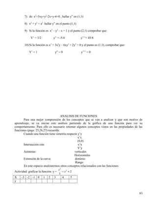 7) de: x2+5xy+y2-2x+y-6=0 , hallar y” en (1,1)

        8) x2 + y2 = a2 hallar y” en el punto (1,1)

        9) Si la función es: x2 – y2 – x = 1 y el punto (2,1) comprobar que:

             Y’ = 3/2           y” = -5/4             y’’’= 45/8

        10) Si la función es x3 + 3x2y – 6xy2 + 2y3 = 0 y el punto es (1.1), comprobar que:

            Y’ = 1               y” = 0               y’’’ = 0




                                     ANALISIS DE FUNCIONES
       Para una mejor comprensión de los conceptos que se van a analizar y que son motivo de
aprendizaje, se va iniciar este análisis partiendo de la gráfica de una función para ver su
comportamiento. Para ello es necesario retomar algunos conceptos vistos en las propiedades de las
funciones (pags: 25,26,27) recuerda:
       Cuando una función tiene simetría respecto y’y
                                                  x’x
                                                  (0,0)
       Intersección con:                          x’x
                                                  Y’y
       Asíntotas:                              verticales
                                               Horizontales
       Extensión de la curva:                  dominio
                                                Rango
       En este espacio analizaremos otros conceptos relacionados con las funciones:
                                      x3
Actividad: graficar la función: y =      − x2 + 2
                                      3
X    -3 -2 -1 0         1   2   3        4      5
y


                                                                                              83
 