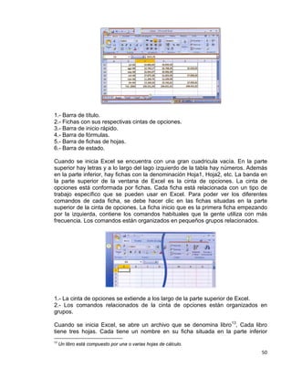 50
1.- Barra de título.
2.- Fichas con sus respectivas cintas de opciones.
3.- Barra de inicio rápido.
4.- Barra de fórmulas.
5.- Barra de fichas de hojas.
6.- Barra de estado.
Cuando se inicia Excel se encuentra con una gran cuadricula vacía. En la parte
superior hay letras y a lo largo del lago izquierdo de la tabla hay números. Además
en la parte inferior, hay fichas con la denominación Hoja1, Hoja2, etc. La banda en
la parte superior de la ventana de Excel es la cinta de opciones. La cinta de
opciones está conformada por fichas. Cada ficha está relacionada con un tipo de
trabajo específico que se pueden usar en Excel. Para poder ver los diferentes
comandos de cada ficha, se debe hacer clic en las fichas situadas en la parte
superior de la cinta de opciones. La ficha inicio que es la primera ficha empezando
por la izquierda, contiene los comandos habituales que la gente utiliza con más
frecuencia. Los comandos están organizados en pequeños grupos relacionados.
1.- La cinta de opciones se extiende a los largo de la parte superior de Excel.
2.- Los comandos relacionados de la cinta de opciones están organizados en
grupos.
Cuando se inicia Excel, se abre un archivo que se denomina libro13
13
Un libro está compuesto por una o varias hojas de cálculo.
, Cada libro
tiene tres hojas. Cada tiene un nombre en su ficha situada en la parte inferior
 