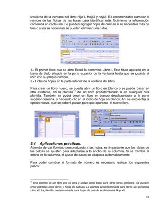 51
izquierda de la ventana del libro: Hija1, Hoja2 y hoja3. Es recomendable cambiar el
nombre de las fichas de las hojas para identificar más fácilmente la información
contenida en cada una. Se pueden agregar hojas de cálculo si se necesitan más de
tres o si no se necesitan se pueden eliminar una o dos.
1.- El primer libro que se abre Excel lo denomina Libro1. Este título aparece en la
barra de titulo situada en la parte superior de la ventana hasta que se guarda el
libro con su propio nombre.
2.- Ficha de hojas en la parte inferior de la ventana del libro.
Para crear un libro nuevo, se puede abrir un libro en blanco o se puede basar en
otro existente, en la plantilla14
de un libro predeterminado o en cualquier otra
plantilla. También se podrá crear un libro en blanco desplazándose a la parte
superior derecha, y haciendo clic en el icono de hoja en blanco. Ahí se encuentra la
opción nuevo, que se deberá pulsar para que aparezca el nuevo libro.
5.4 Aplicaciones prácticas.
Además de dar formato personalizado a las hojas, es importante que los datos de
las celdas se ajusten para adaptarse a lo ancho de la columna. Si se cambia el
ancho de la columna, el ajuste de datos se adaptara automáticamente.
Para poder cambiar el formato de número es necesario realizar los siguientes
pasos:
14
Una plantilla es un libro que se crea y utiliza como base para otros libros similares. Se pueden
crear plantillas para libros y hojas de cálculo. La plantilla predeterminada para libros se denomina
Libro.xlt. La plantilla predeterminada para hojas de cálculo se denomina Hoja xlt.
 